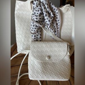NEW Vegan White Woven Tote & Crossbody Bag W/Scarf Set